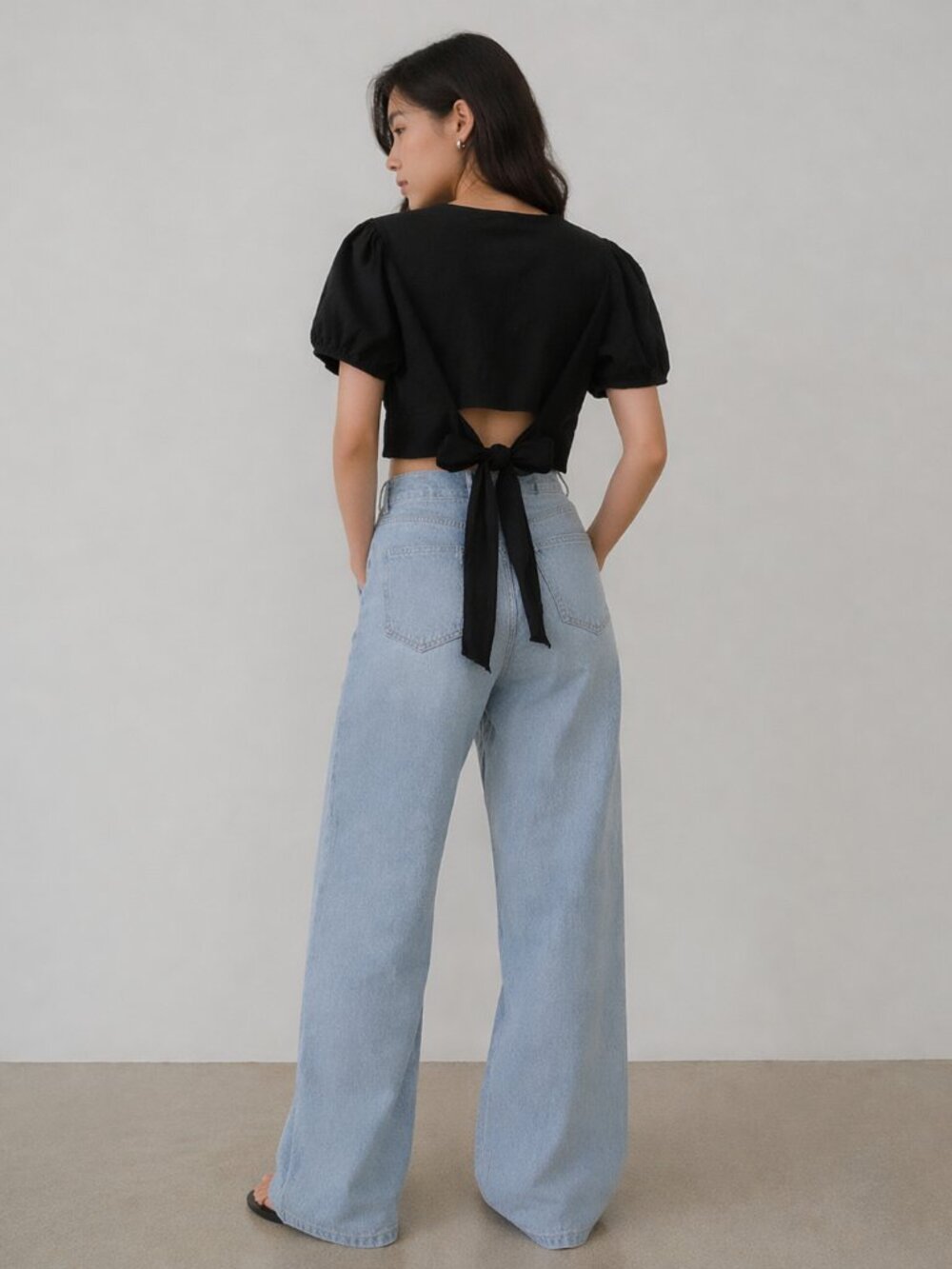 Oak + Fort Black Puff Sleeve Tie Back Cropped Open Back Top 100% Cotton